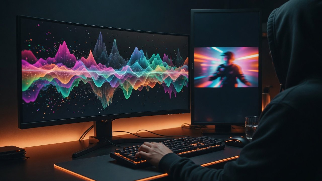 A creator workstation with video timelines on screen
